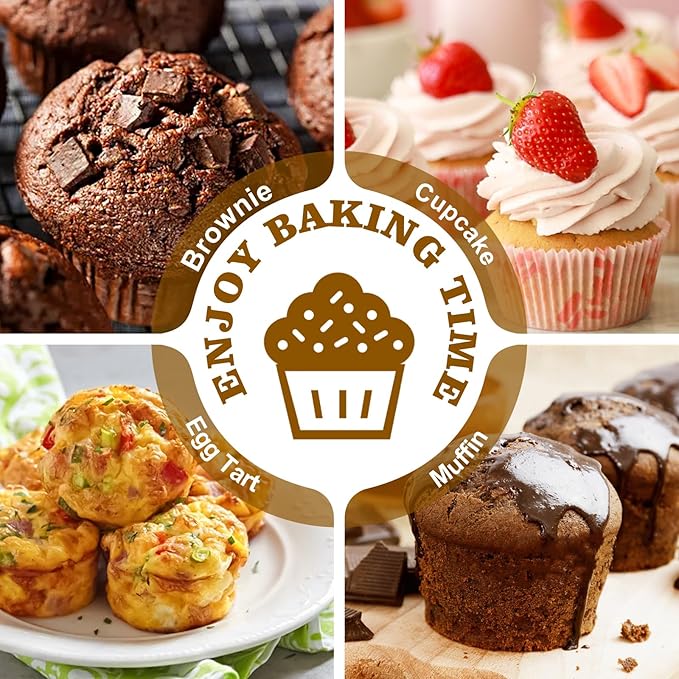 BEWOS 2 PCS Non-Stick 12 Cup Muffin Pan, Carbon Steel Mini Muffin Pan with 24 Reusable Silicone Silicone Molds, Dishwasher Safe & Easy Clean Muffin Tin, Baking Moulds for Muffins or Cupcake(Grey)