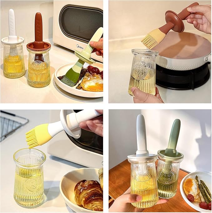 Oil Dispenser with Brush - Glass Olive Oil Dispenser for Kitchen, 3 IN 1 Oil Dispenser Bottle with Silicone Basting Brush for Cooking Vinegar Sauce BBQ Grill Frying (Green)