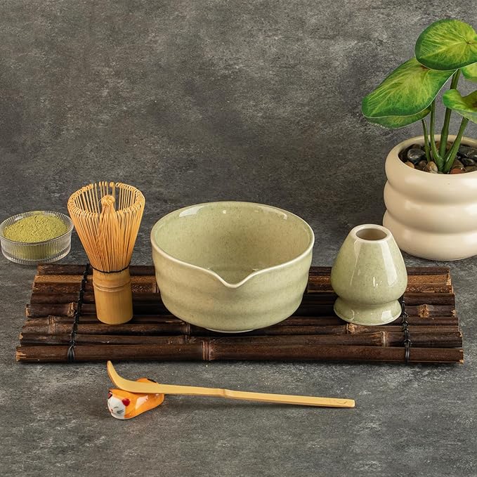 Matcha Whisk Set,Matcha Set includes Match Bowl with Spout and Whisk, Matcha Whisk Stand,Bamboo Matcha Scoop,5 Pcs Complete Ceramic Matcha Kit
