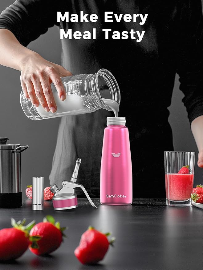 Whipped Cream Dispenser,Aluminum Cream Whipper 500mL/1 Pint,3 Decorating Nozzles,1 Brush, 1 Storage Bag,Homemade Whipped Cream Maker,Pink