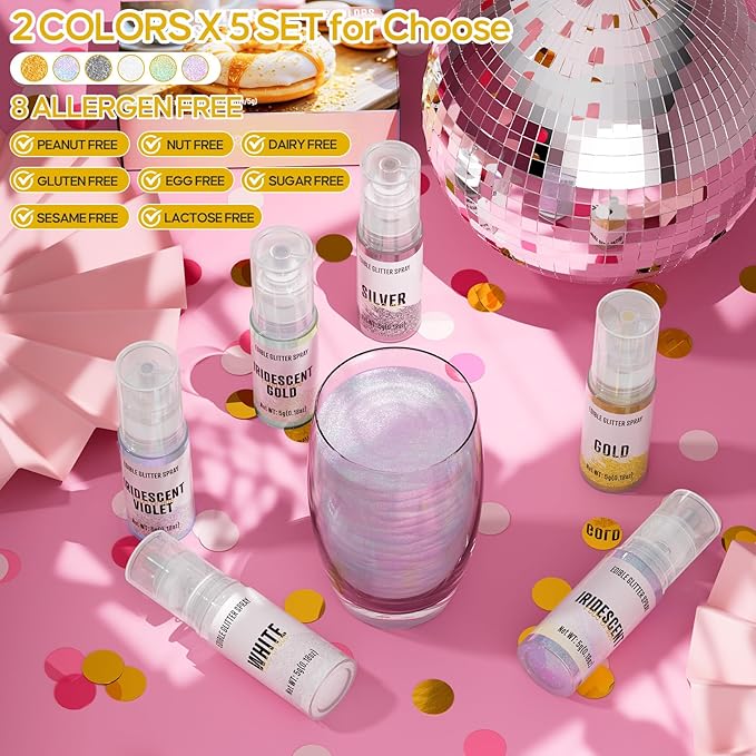 Edible Glitter Spray,Gold & Silver 2 Colors Food Grade Edible Glitter Set for Drink Cake Beverages,Cupcakes,Cake Pops and Cookies Decorating