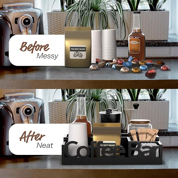 Coffee Bar Organizer for Countertop – Wooden Coffee Caddy with Compartments for Pods, Creamer, Sugar Packets, and Accessories – Coffee Station Storage for Home and Office (Black)