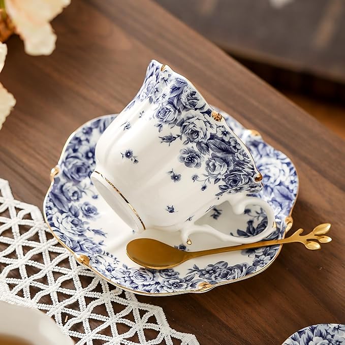 TATSUMI Country Roses Bone China Tea Cup and Saucer Set, 3 Pieces, Vintage Style, For Women and Tea Parties(sky blue,1 set)