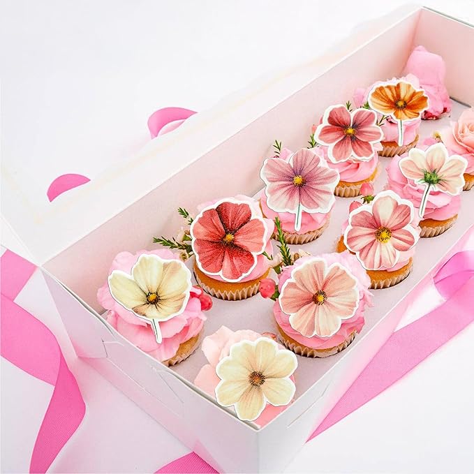 Ephlyn 50Pcs Edible Flower Cupcake Toppers Wafer Paper Spring Bridal Engagement Baby Shower Birthday Party Cupcake Picks Anniversary Party Decorations Supplies Rose Red