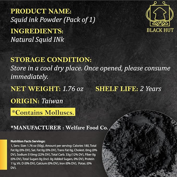 Black Hut Squid Ink Powder, Food Coloring for Rice Noodles Pasta Spaghetti Risotto, Nero Di Seppia, Tinta de Sepia, Halal Certificate, Contains Molluscs, 1.76oz / 50g (Pack of 1)