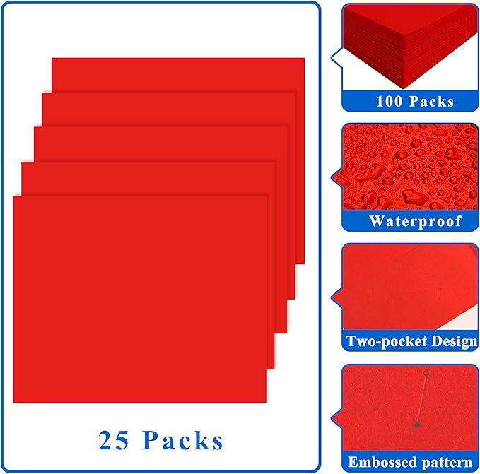 Zzrywuty File Folders with Pockets Letter Size, 25-Pack Paper Folders with Card Slot, Two Pocket Folders for School Students, Businessmen, Home and Office Workers(Red)