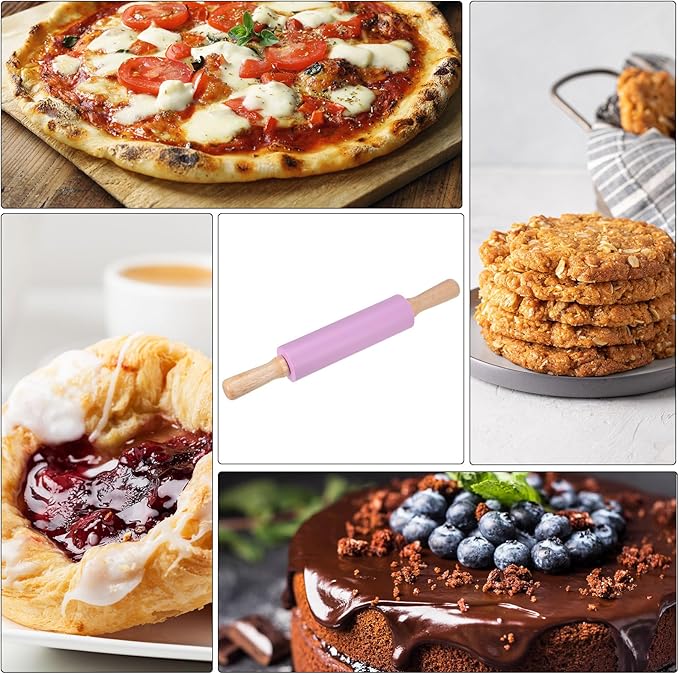 HARFINGTON Silicone Rolling Pins for Baking 14.96 Inch Non-Stick Silicone Surface Wooden Handle Rolling Pin Small Roller Playdough Rolling Pins for Fondant Kitchen Dough Pizza, Purple