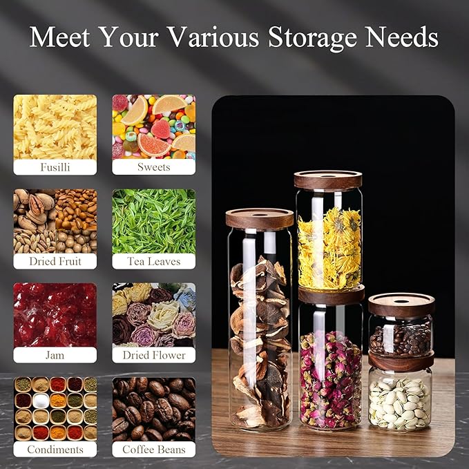 Glass Jars with Airtight Wood Lids - 34 oz Large Kitchen and Pantry Storage Containers, Canisters for Spaghetti, Noodles, Pasta, Ground Coffee, Sugar, Cereal, Set of 2