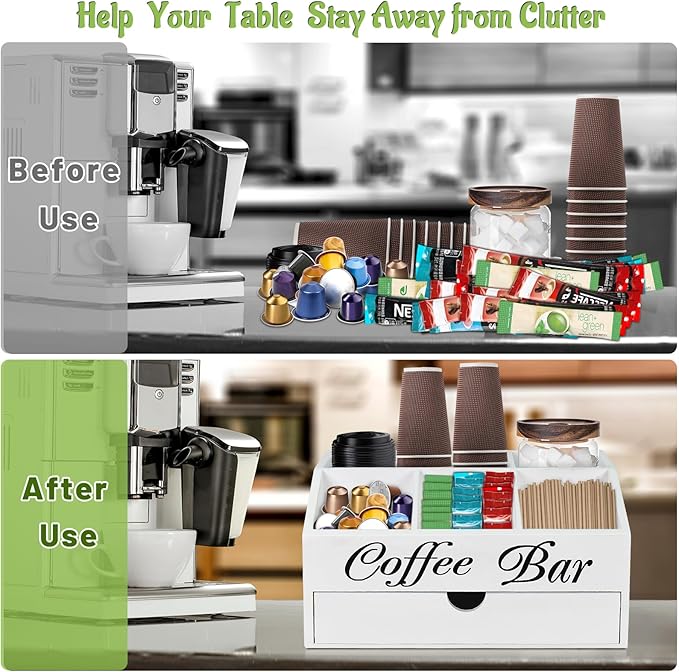 Wooden Coffee Bar Organizer Countertop With Drawer, Station Accessories, Pods Holder Storage Basket, Farmhouse Tea Condiment Organizer