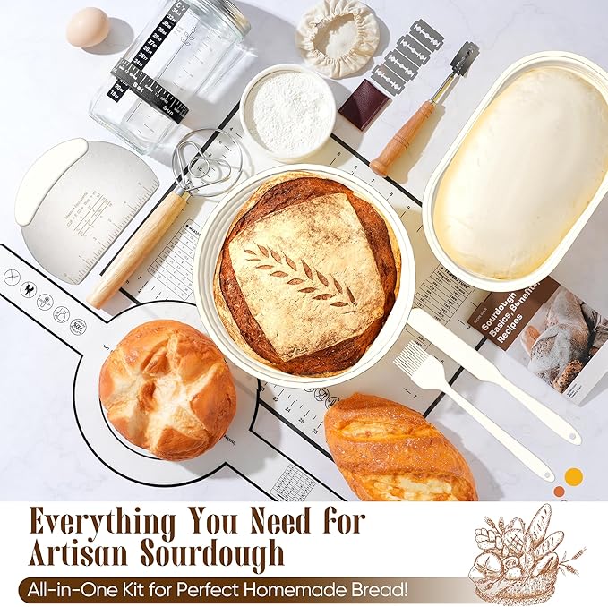 Sourdough Starter Kit with Jar – Complete Sourdough Bread Baking Supplies for Beginners, Includes 2 Silicone Proofing Baskets Baking Mat Sour Dough Kit - White
