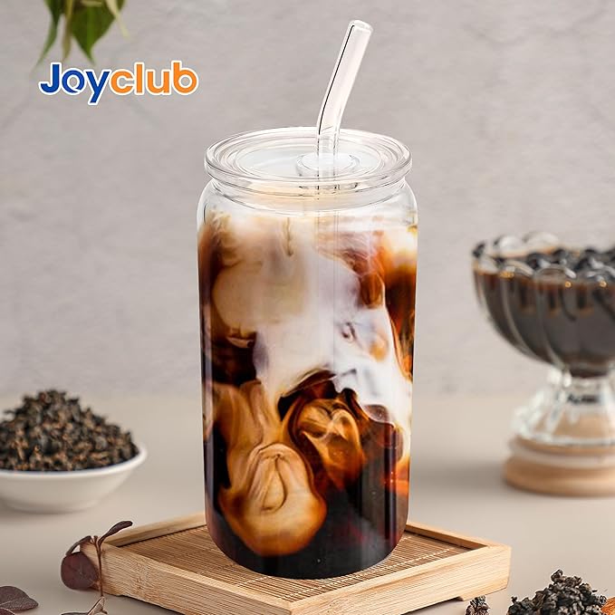 Joyclub 4pcs Glass Cups with Acrylic Lids and Straws 16 oz Can Shaped Glass Iced Coffee Cups with Lids and Straws, Cute Tumbler Cup Drinking Glasses for Smoothie Whiskey Boba Soda Tea Gift