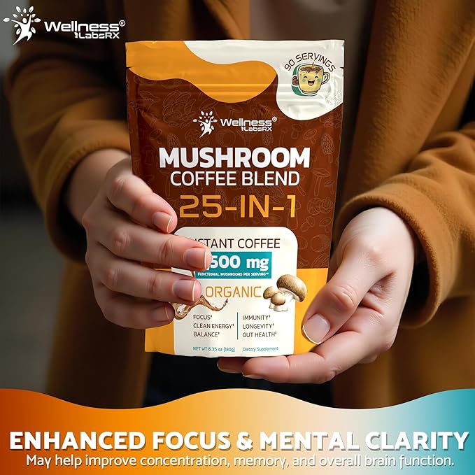 Mushroom Coffee Organic Instant Coffee, 25-in-1, Third-Party Tested Keto Friendly Lions Mane Supplement with Functional Mushrooms β Shiitake, Reishi, Lionβs Mane & More | Smooth, Rich Flavor - 90 Servings