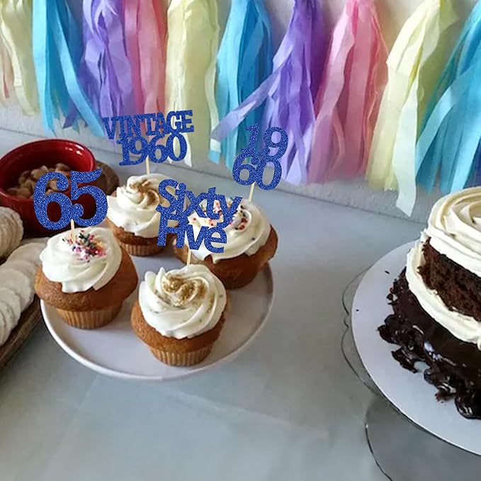 Gyufise 24Pcs Vintage 1960 Cupcake Toppers Glitter Cheers to 65 Fabulous Sixty Five Cupcake Picks 65th Birthday Wedding Anniversary Party Cake Decorations Supplies Deep Blue