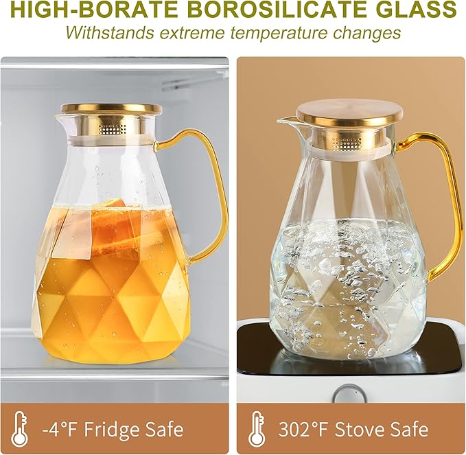 Yirilan Glass Pitcher,74oz/2.2 Liter Water Pitcher with Lid,Beverage Serveware,Iced Tea Pitcher,Water Carafe Handle,Heat Resistant Borosilicate Jug(with Mixing Spoon and Cup Brush)