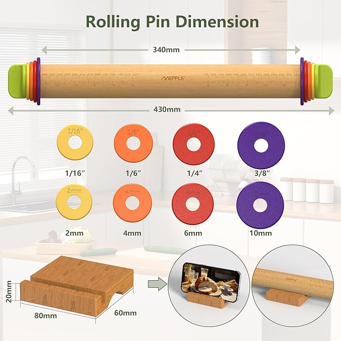 Rolling Pin with Thickness Rings and Pastry Baking Mat, 13.6" Adjustable Wooden Rolling Pin Dough Roller for Baking Cookie Pizza, Comes with Large Silicone Pastry Mat and Wooden Stand