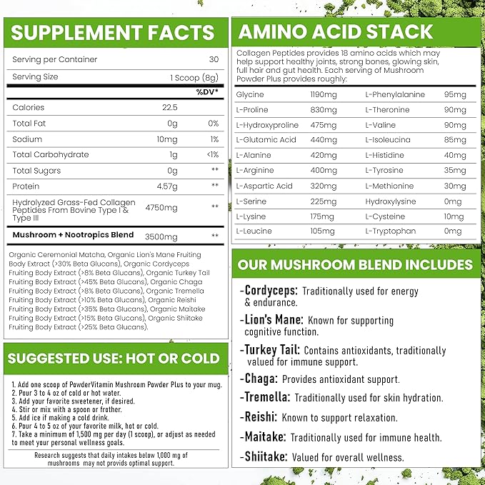 PowderVitamin Organic Ceremonial Mushroom Matcha Certified Pesticide-Free Grass-Fed Collagen Types I & III 8 Fruiting Body Mushrooms Tested for Beta-Glucans Focus Digestion & Immunity 30 Servings