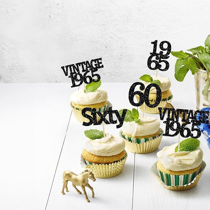 Gyufise 24Pcs Vintage 1965 Cupcake Toppers Cheers to 60 Fabulous Sixty Cupcake Picks Decorations for 60th Birthday Wedding Anniversary Party Cake Decorations Supplies Black