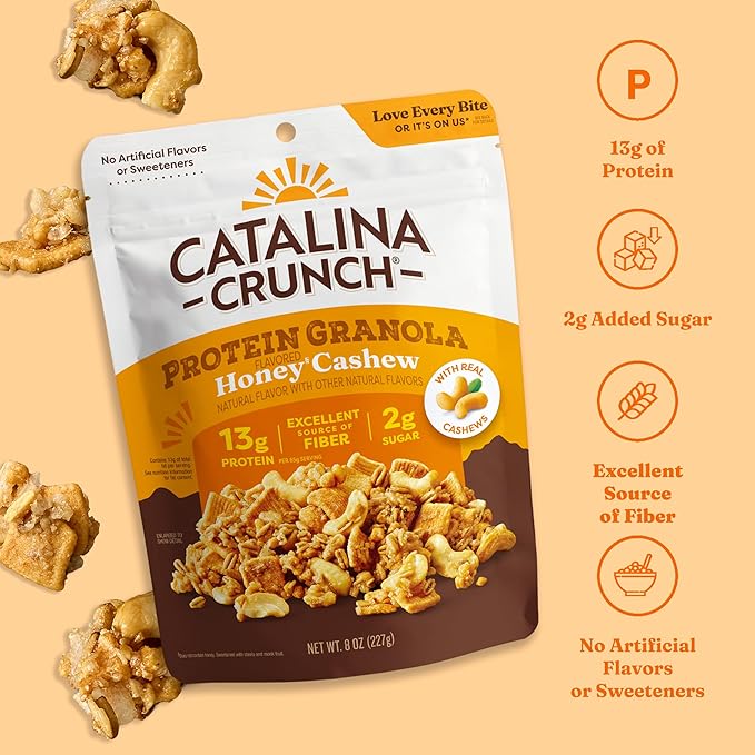 Catalina Crunch Protein Granola - Low Sugar Breakfast Cereal with 13g of Protein - Gluten Free, Keto Friendly - Honey Cashew - 8 oz. Bag (Pack of 3)