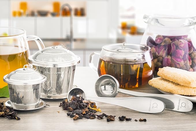 Tea Infuser (Set of 2) with Tea Scoop and Drip Dray - Ultra Fine Tea Strainer for Loose Leaf Tea - Stainless Steel Tea Steeper for a Superior Brewing Experience