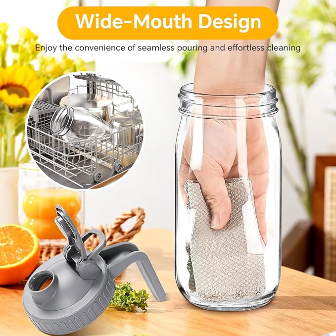 Mason Jar Pitcher, 64 OZ Glass Pitcher with Lid Double Leak-proof with Handle Water Jug Wide Mouth Breast Milk Pitcher Fridge Container for Water, Juice, Iced Coffee, Tea, Juice - Gray