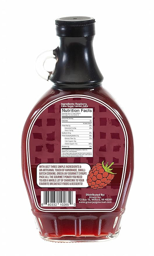Green Jay Gourmet Raspberry Syrup - 3 Ingredient Premium Breakfast Syrup with Fresh Raspberries, Cane Sugar & Lemon Juice - All-Natural, Non-GMO Pancake Syrup, Waffle Syrup & Dessert Syrup - 2 x 8 Oz