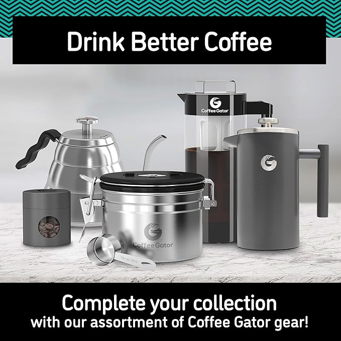 Coffee Gator Coffee Canister, 11oz Airtight Stainless Steel Kitchen Food Storage Container with Date Tracker, CO2-Release Valve and Scoop for Sugar, Beans, Tea, Sugar, Cereal, Cookies Jars - Black
