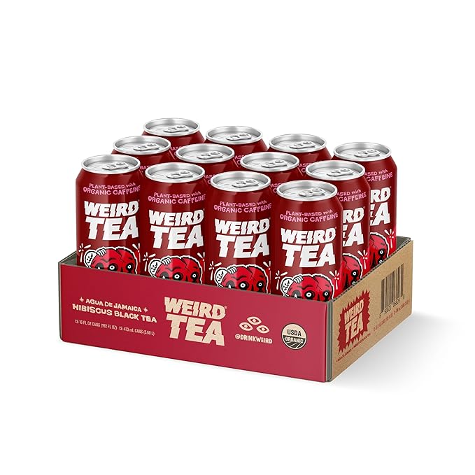 Drink Weird Organic Agua de Jamaica Hibiscus Black Tea β 16oz Cans, 160mg Organic Caffeine, Pack of 12 β Bold & Refreshing Energy Drink Alternative