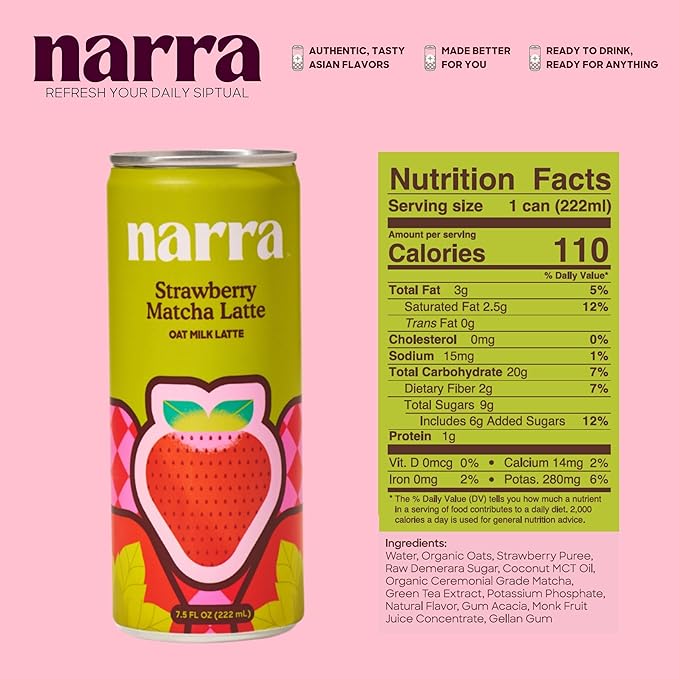 Narra, Oat Milk Tea Latte Variety Pack - Black Tea, Roasted Oolong, Strawberry Matcha, Natural Caffeine & L-Theanine, Organic Oat Milk, MCT Oil, Dairy Free, Non-GMO, 7.5 Fl Oz (6 Pack)