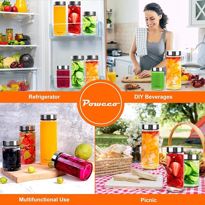 16oz Glass Juice & Water Bottles 4-Pack with Lids- Wide Mouth Reusable Borosilicate Glass- for Juicing, Smoothies, Protein Shakes, Blender & Shaker Bottle- Refillable & Dishwasher Safe(16 oz/500ml)