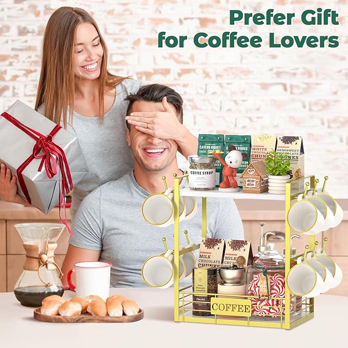 EsLuker.ly Coffee Bar Station Organizer Mug Cup Holder Stand for Countertop, Multi-Functional 2 Tier Mug Tree Rack for Kitchen, Storage Shelf with 12 Hooks, White-Gold