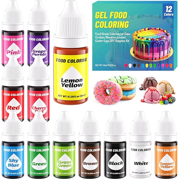 12 Color Gel Food Coloring Liquid Set-KATSPRO Food Grade Tasteless Vibrant Kids Food Coloring Dye for Baking Icing Cake Decorating Cookie Fondant, Frosting, Cookies, Christmas Baking, Easter Egg and DIY Supplies Kit - 0.25 Fl.oz(6ml)/Bottles