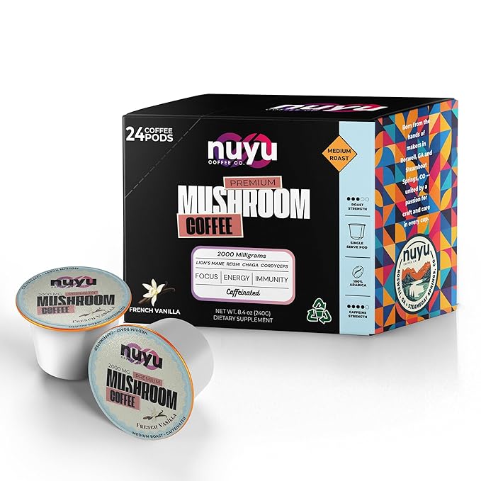 Nuyu Mushroom Coffee Pods, K-Cups, 100% Medium Roast Arabica Coffee with Lion's Mane, Reishi, Chaga, Cordyceps, 2000mg per Pod (24, French Vanilla)