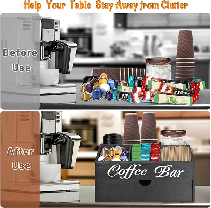Farmhouse Wooden Coffee Bar Organizer - Countertop Station With Drawer, Pods Holder & Storage Basket