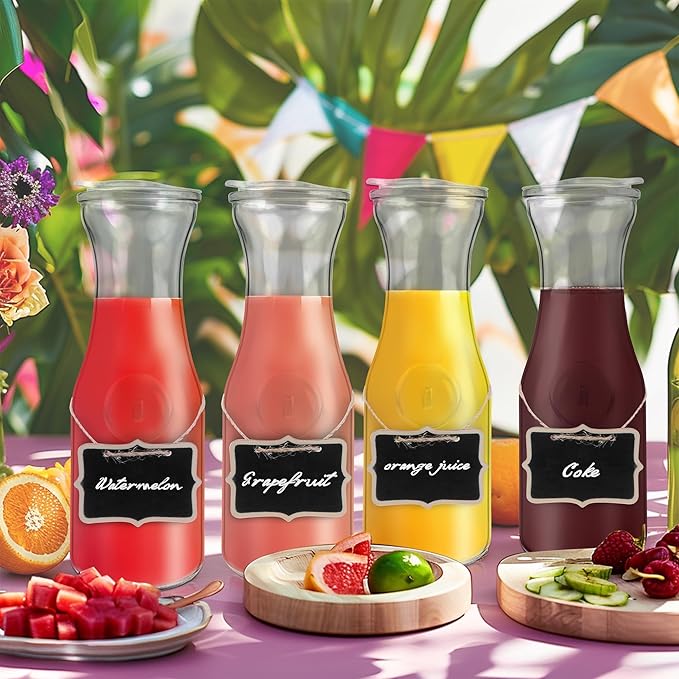 Glass Carafe with Acrylic Lid,35 Oz Beverage Dispensers Carafe,Mimosa Bar Supplies,Clear Glass Pitcher with Name Labels for Iced Tea,Coffee,Juice(Set of 4)