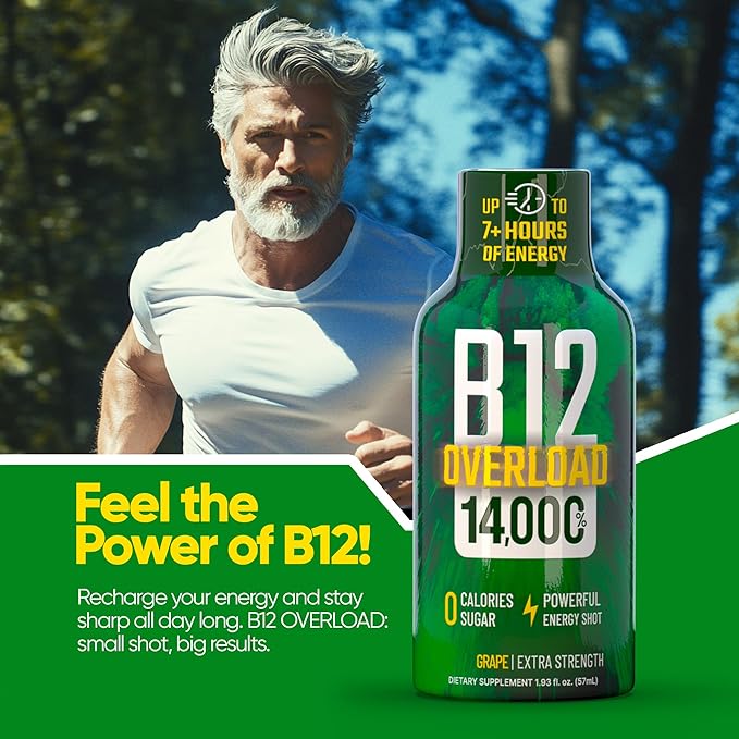B12 Overload Extra Strength Energy Shot – Grape – 260mg Caffeine, 14000% B12, Electrolytes – Energy & Vitality Support – Zero Sugar No Calories – Vegan, Kosher, Gluten-Free – 1.93 fl oz, 24-Pack