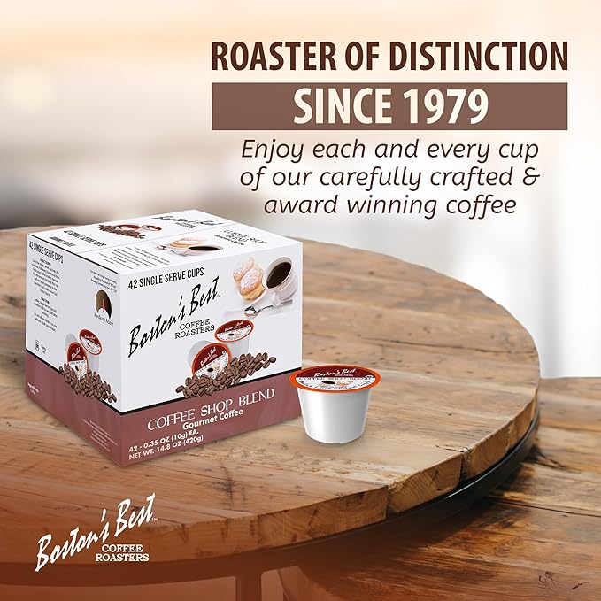 Bostonโs Best - Coffee Shop Blend, Hearty Medium Roast, Delicious Gourmet Coffee Compatible with Keurig CoffeeMaker, 1 Count (42 Single Serve Medium Roast Cups)