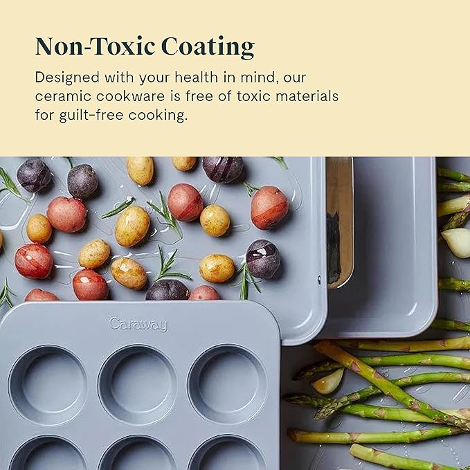 Caraway Nonstick Ceramic Bakeware Set (11 Pieces) - Baking Sheets, Assorted Baking Pans, Cooling Rack, & Storage - Aluminized Steel Body - Non Toxic, PTFE & PFOA Free - White