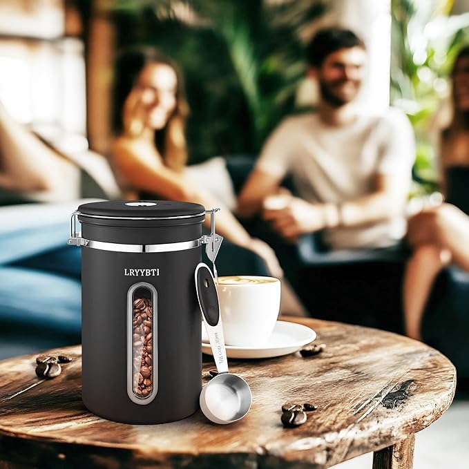 Coffee Canisters with Window,Scoop and Airtight Lid Stainless Steel Kitchen Bean Storage Grounds Container(22OZ/Black)Date Tracker and Scoop for Grounds Coffee Bar Accessories Beans, Cereal, Sugar