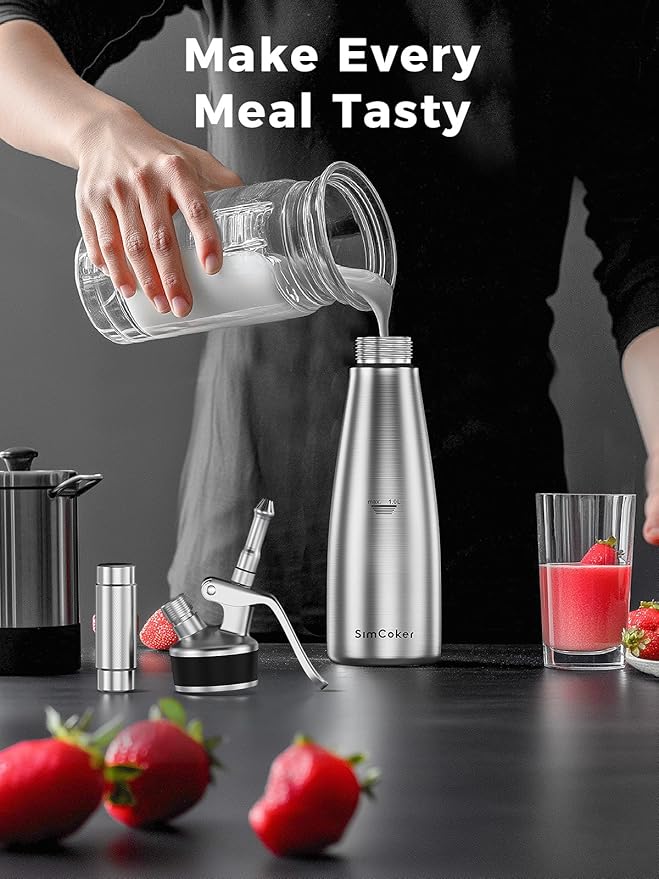 Professional Whipped Cream Dispenser,1L Stainless Steel Cream Whipper with 3 Decorating Nozzles 1Brush 1Storage Bag,Whipped Cream Maker without N2O Charger