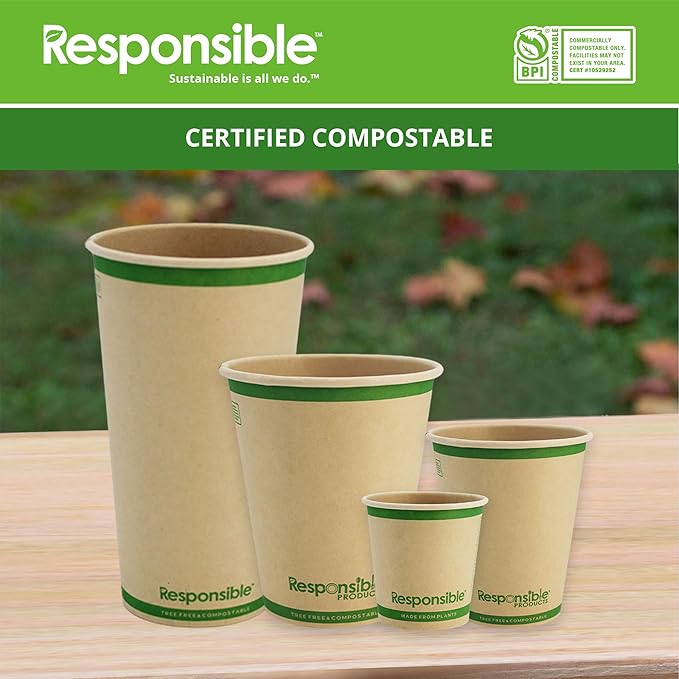 Certified Compostable 8 oz Paper Cups, Cold & Hot Coffee Cups, Disposable Paper Cups, Extra Strength Disposable Cups, Made without PFAS (50 count)
