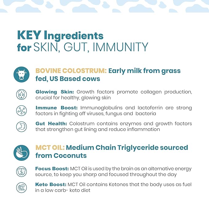Bovine Colostrum with MCT Oil, Lactoferrin, IgG by Owl & Ox | Grass Fed, US Based | Skin Health, Gut Health and Immune Support | Sugar Free, Keto Friendly, Non GMO | Made in USA