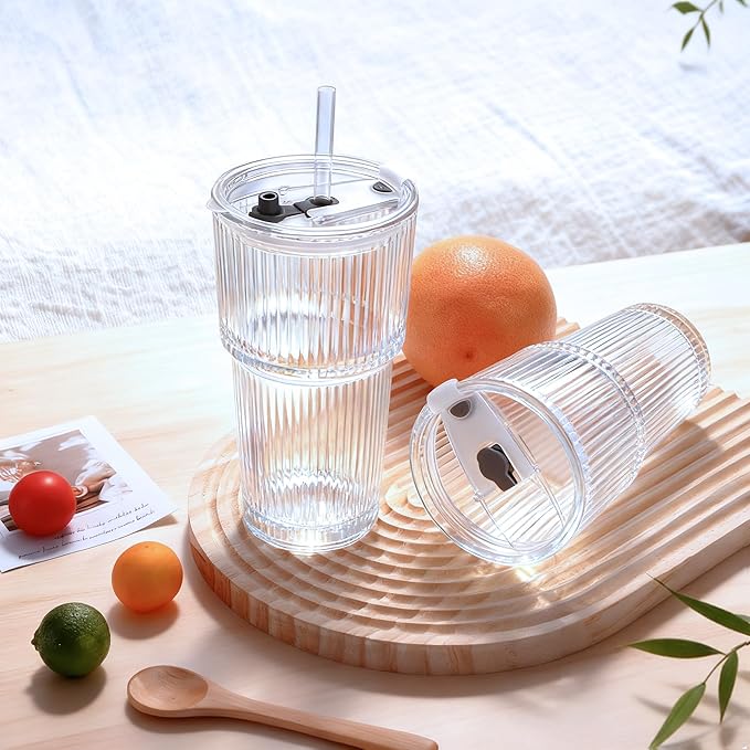 4PCS 20oz Glass Cups with Lids and Straws, Iced Coffee Cups with Lids, Stylish Ribbed Thick Drinking Glasses Tumbler for Juice, Smoothies, Cold Beverages, Cute Cup Gifts with Clean Brush