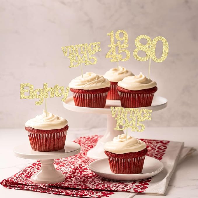 Gyufise 24Pcs 80th Birthday Cupcake Toppers Glitter Cheers to 80 Fabulous Eighty Vintage 1945 Cupcake Picks 80th Birthday Wedding Anniversary Party Cake Decorations Supplies Gold