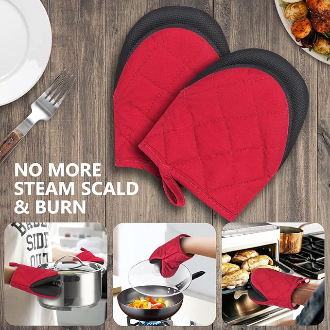 Qulable 1 Pair Short Oven Mitts - Silicone Kitchen Oven Gloves High Heat Resistant 500℉, Mini Oven Mits with Non-Slip Grip Surfaces and Hanging Loop for BBQ, Baking, Cooking and Grilling (Red)