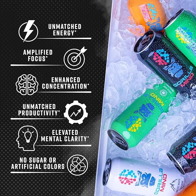 Gorilla Mind Energy Drink | Unmatched Energy · Amplified Focus | N-Acetyl-L-Tyrosine, Alpha-GPC, 200mg Caffeine, Uridine, Saffron | 0 Sugar Or Artificial Colors | 16oz, 12-Pack (Citrus Rain)