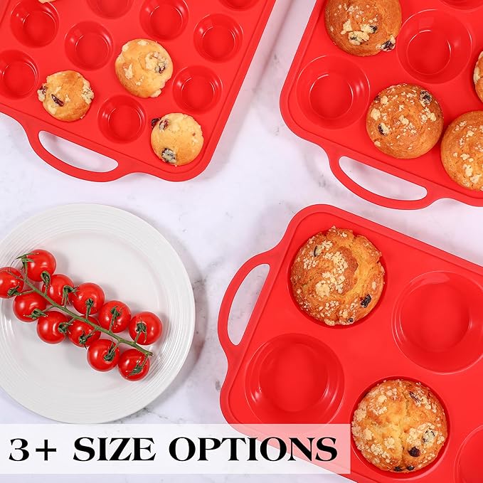 Silicone Mini Muffin Pan With Stainless Steel Reinforced Frame 24 Cups Nonstick Cupcake Molds for Baking Silicone Muffin Tray with Handles(2 Pcs, Red)