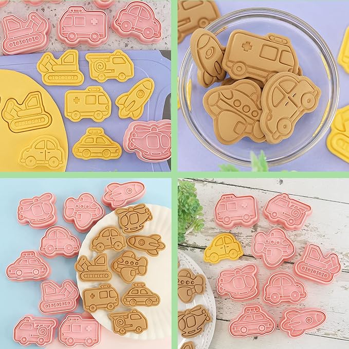 8Piece Vehicle Cookie Cutters Set,3D Transport-Themed Plastic Baking Molds for Cookies, Fondant, Cheese β Includes Plunger Stamp for Embossing (E)