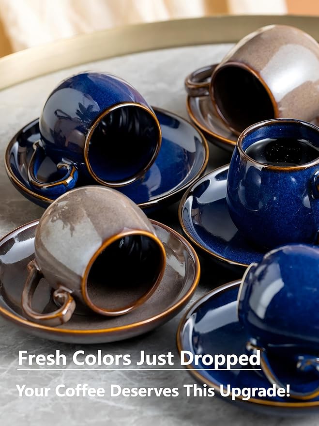 LYEOBOH 3 Ounce Espresso Cups and Saucers Set of 6, Ceramic Small Coffee Cups with Metal Holder and Spoons, Cute Demitasse Cups for Tea, Espresso, Latte, Cafe Mocha, Brown