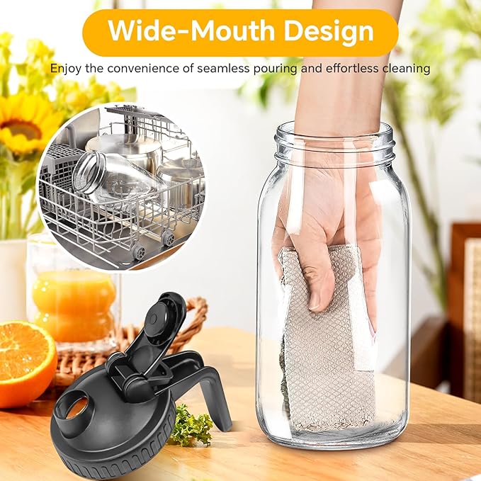 Mason Jar Pitcher, 64 OZ Glass Pitcher with Lid Double Leak-proof with Handle Water Jug Wide Mouth Breast Milk Pitcher Fridge Container for Water, Juice, Iced Coffee, Tea, Juice (Black)
