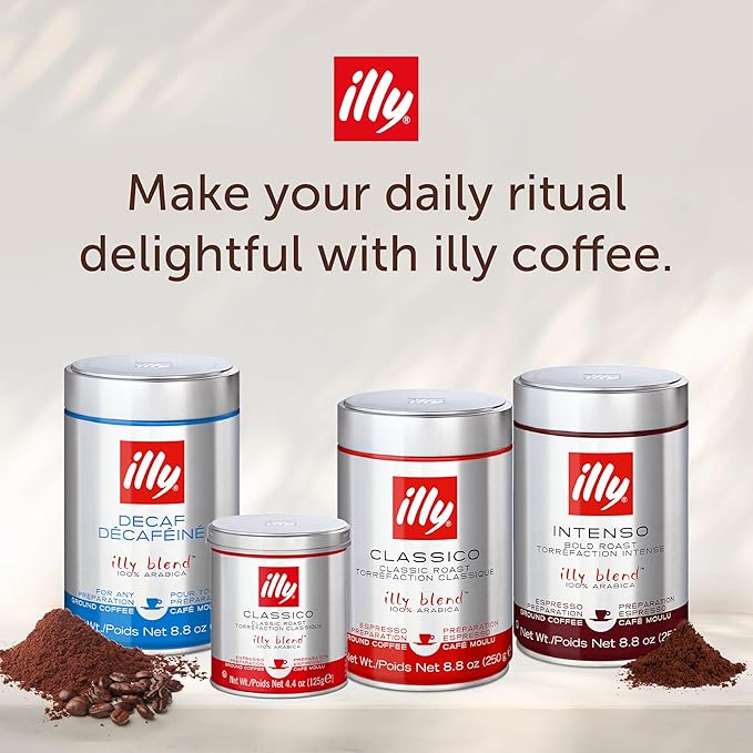 Illy Ground Espresso Coffee, Classico Medium Roast - Mild & Balanced - 100% Arabica - Pre-Ground for Espresso - Pressurized Packaging Sealed for Freshness - 8.8oz (Pack of 12)